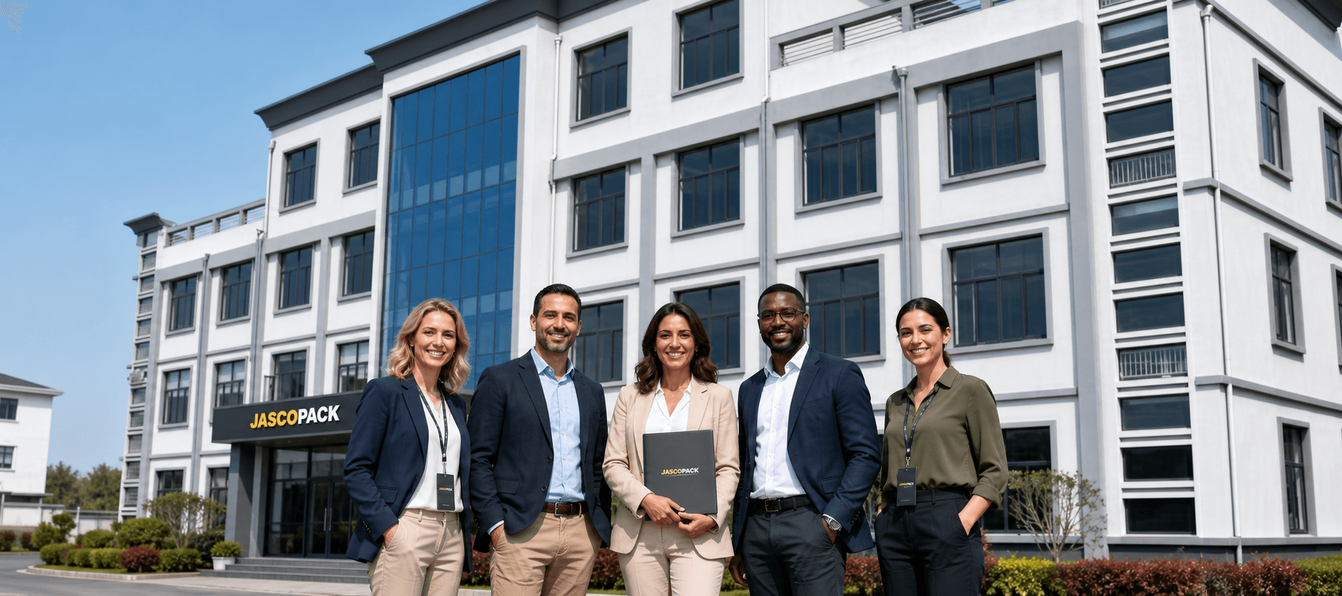 Illustrative client-visit scene with international visitors outside the JASCOPACK facility