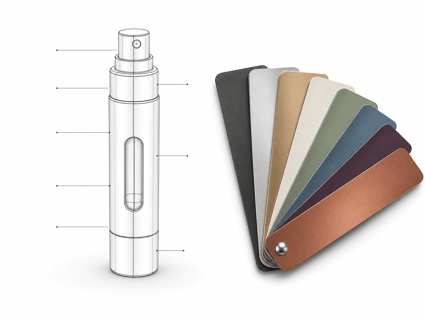 Atomizer customization diagram with aluminum finish and color swatches